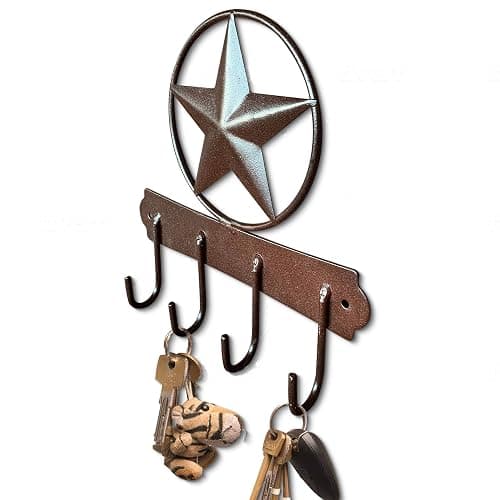 EcoRise Brown Texas Country Western Star Key Holder - Rustic Wall Decor Key Hanger for Home, Heavy Duty Iron, 4 Hooks - Image 1