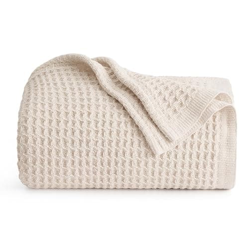 Bedsure Gentlesoft 100% Cotton Large Throw Blanket for Couch 50x70 inches - Breathable and Soft, Waffle Weave Throw Blanket for Office, Light Beige - Image 1