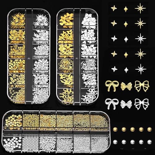 zgiraloca Gold Plated Nail Charms Kit - 3 Pack Mixed 3D Butterfly，Rhinestones, Pearls, Gems, Flowers & Bows for Nail Art Design(Silver&Gold B) - Image 1