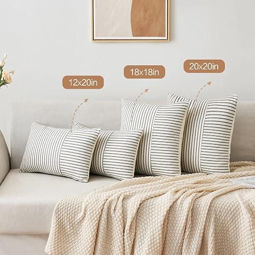MIULEE Grey and Beige Patchwork Farmhouse Pillow Covers 12x20 Inch, Pack of 2 Striped Linen Decorative Modern Accent Pillow Cases for Sofa Couch Bedroom thumbnail 4