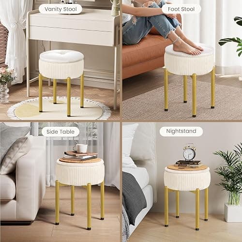 Memobarco 18-Inch Velvet Vanity Stool Chair with Storage, Vanity Bench with 4 Golden Metal Legs & Anti-Slip Adjustable Feet,Round Storage Ottoman Stool with Removable Soft Padded Seat, Beige thumbnail 7