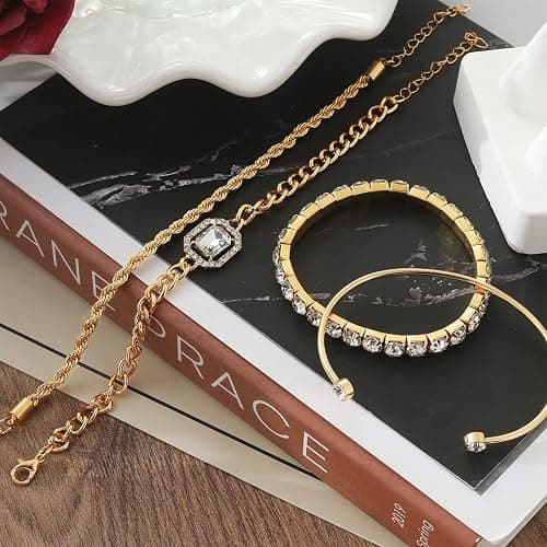 4 Pcs Dainty Gold Silver Bracelets Set for Women 14K Plated Link Cubic Zirconia Paperclip Stake Layering Chain Adjustable Trendy Hand Jewelry thumbnail 6