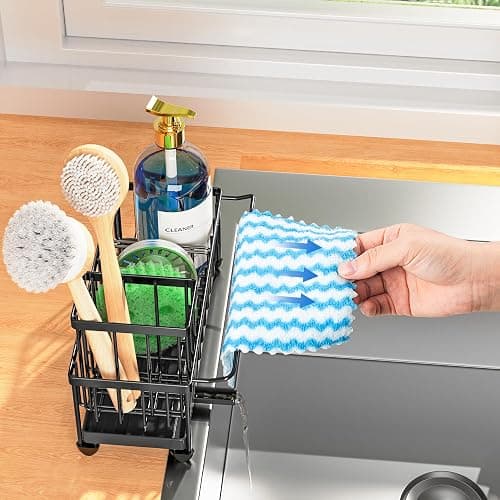 Cisily Sponge Holder for Kitchen Sink with Towel Rack, Sink Caddy with Kitchen High Brush Holder, Organzier Rustproof 304 Stainless Steel Dish Organizer Divider, Soap Dispenser Storage - Black With Towel Rack thumbnail 7