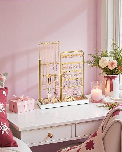 SONGMICS Jewelry Holder, Jewelry Storage Organizer Stand with Metal Frame, Velvet Tray, 12.1 to 18.7 Inches Tall Height Adjustable Necklace Holder, for Rings, Christmas Gift, Earrings, Pale Gold thumbnail 2
