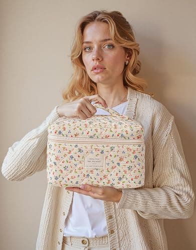 HBselect Quilted Makeup Bag, 3Pcs Cotton Large Travel Makeup Bags Organizer | Cute Floral Make up Bag Cosmetic Bag Toiletry Bag for Women Girls, Makeup Pouch for Skincare, Brushes & Travel Essentials thumbnail 7