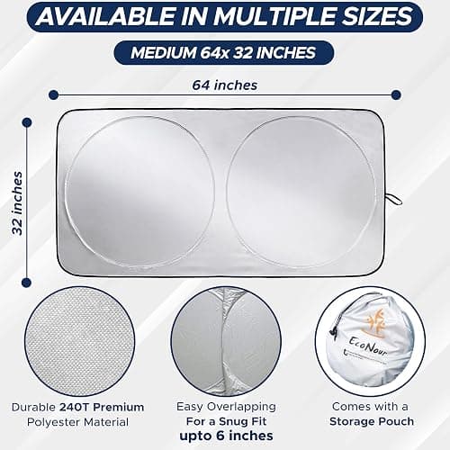 EcoNour Patented Design Car Windshield Sun Shade | Blocks 99% Heat & Keeps Interior Cool | Fits Cars, SUVs, Trucks | Automotive Sun Screen, Visor & Car Accessories for Summer | Medium (64x32 Inches) - Medium thumbnail 5