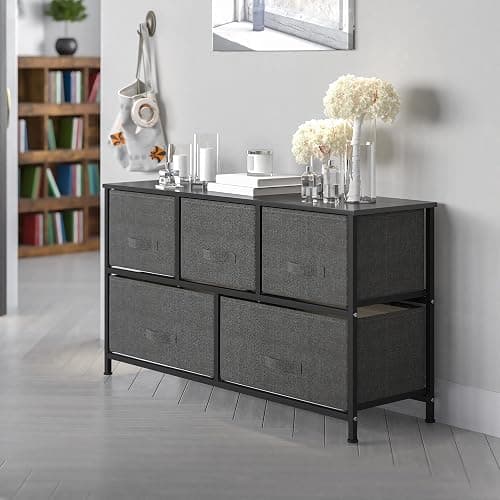 EMMA + OLIVER 5 Drawer Storage Chest with Black Wood Top & Dark Gray Fabric Pull Drawers - Image 1