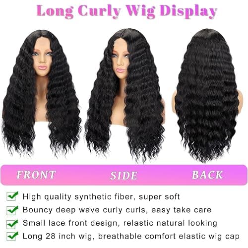 Mairead 28 Inch Long Curly Synthetic Lace Front Wigs for Black Women Loose Deep Wave Black Synthetic Wig Middle Part 4" Simulated Scalp Small Lace Front Wigs Natural Looking Crimps Curls Wig thumbnail 7