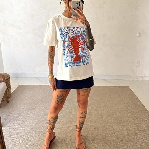 Women Cute Graphic Oversized Tees Fish Lobster Printed Y2K Baggy T Shirts Teen Girls Preppy Vintage Aesthetic Summer Tops thumbnail 4