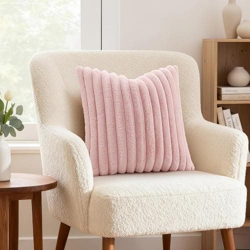 decorUhome Pink Throw Pillow Covers 16x16 Inch Set of 2, Faux Fur Velvet Decorative Pillow Covers, Fuzzy Striped Cushion Covers Pillow Cases for Sofa Couch, Living Room Home Decor thumbnail 4