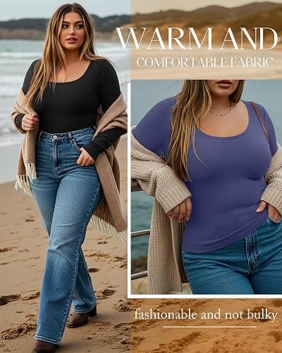 Ficerd 3 Pack Women's Plus Size Thermal Shirts Fleece Lined Scoop Neck Long Sleeve Tops Fitted Winter Base Layer Underwear thumbnail 6