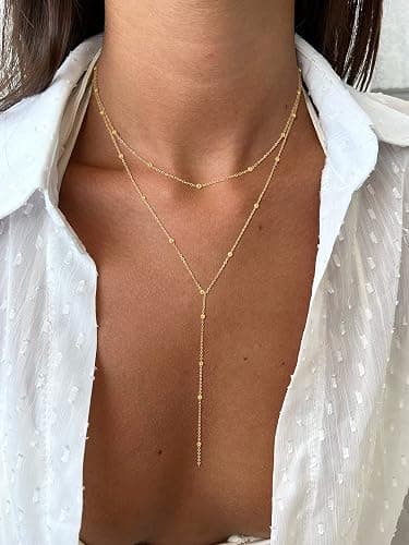 Foxgirl Lariat Gold Necklace for Women, Dainty Long Necklace 14k Gold Plated/Silver Y-Shaped Pendant Necklace Trendy Layered Cz Beaded Chain Drop Necklaces Simple Gold Jewelry For Women Gift thumbnail 3