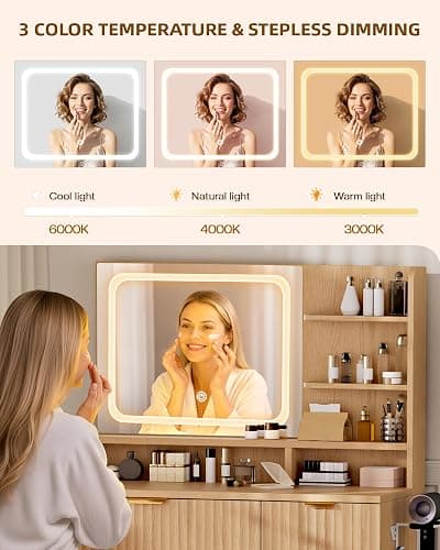 LIVELYGLOW 35.4" Wooden Makeup Vanity Set with Charging Station & Stool | Smart LED Mirror, Fluted Design, Cushioned Stool, Hairdryer Rack thumbnail 4