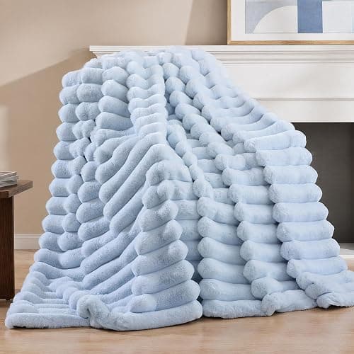 Smoofy Light Blue Fluffy Faux Rabbit Fur Striped Blanket 60"x80", 870GSM | Super Soft & Cozy Comfort Blanket, Luxury Fuzzy Fleece Throw, Perfect Home Decor For Sofa & Couch, Great Gift for Women thumbnail 9