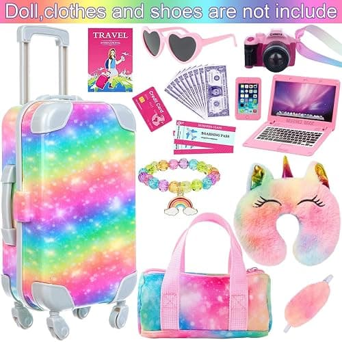 K.T. Fancy 23 PCS American 18 Inch Doll Accessories Suitcase Luggage Travel Set - Rainbow Suitcase Rainbow Bag Camera Computer Cell Phone Neck Pillow Eye Mask Glasses Gift for Christmas (NO Doll) thumbnail 4