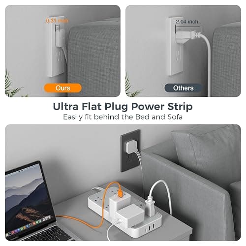 Power Strip Surge Protector 10 FT, TESSAN Flat Plug Extension Cord with 8 Outlets 3 USB Ports(1 USB C), 1080Joules Wall Mountable Multi Port Charging Station for Home Office Dorm Room Essentials - Gray - 10FT-1080J surge protection thumbnail 5
