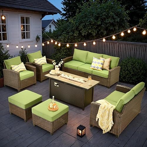CAODOC Brown Wicker Patio Furniture Sets w/Fire Pit Table, All Weather Outdoor Furniture Conversation Set, 7-Piece Patio Sectional Sofa for Backyard Garden Lawn, Green - Image 1