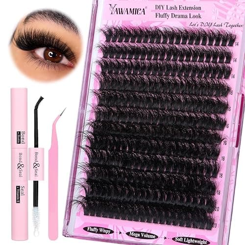 Yawamica Fluffier Lash Extension Kit Thick 200D Volume Eyelash Extension Kit 14-20mm Wispy Lash Clusters Kit D Curly Individual Lashes with Bond and Seal lash Tweezers DIY Cluster Eyelash Extensions - Image 1