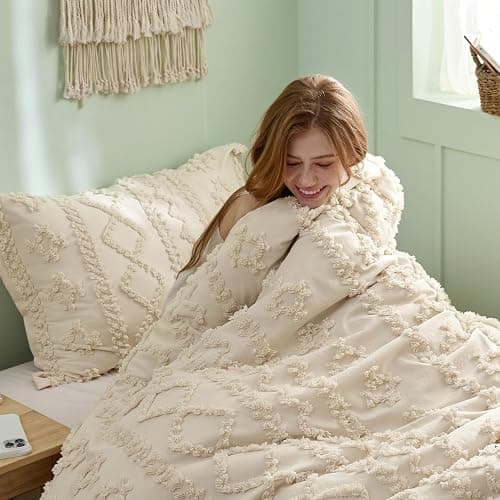 Bedsure Tufted Boho Comforter Set Twin Size - Beige Boho Bed Set, GentleSoft™ 2 Pieces Farmhouse Shabby Chic Embroidery Bedding, Gifts for Woman, Soft Jacquard Twin Comforter for All Seasons thumbnail 2