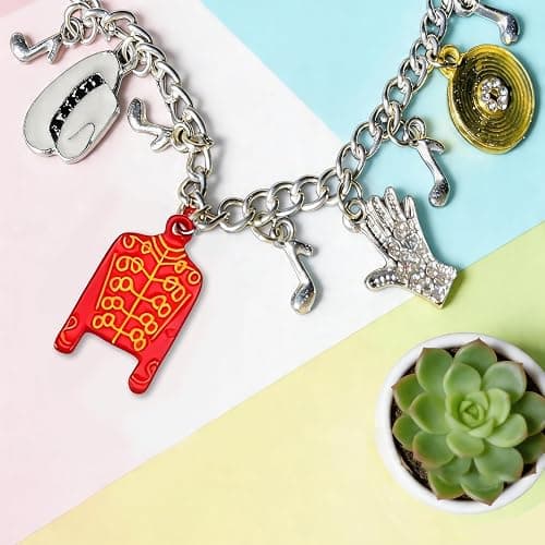Music Inspired Charm Bracelet, Silver Chain with Red Jacket, Hat, Glove, BAD Charms, 7.29 Inch thumbnail 4
