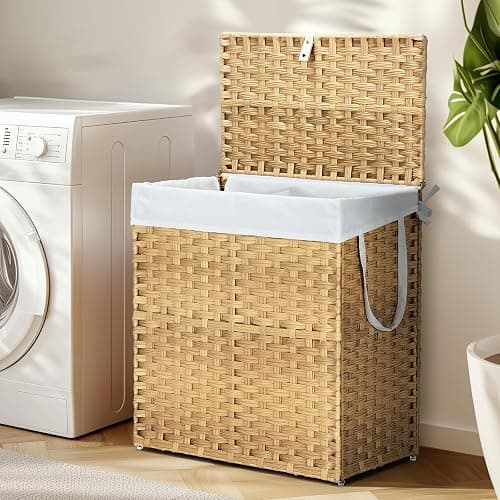 DUMOS Wicker Laundry Basket with Lid, 110L Woven Laundry Hamper with Handles, Foldable Rattan Clothes Hamper with Removable Liner & Sturdy Steel Frame, Goose Yellow - Image 1