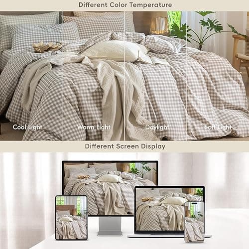 MooMee Gingham Duvet Cover Set 100% Washed Cotton Linen Like Textured Breathable Durable Soft Comfy Modern Checkered Design (Tannish Linen Grey Gingham, Palatial King/Oversized King 120"x98") thumbnail 7