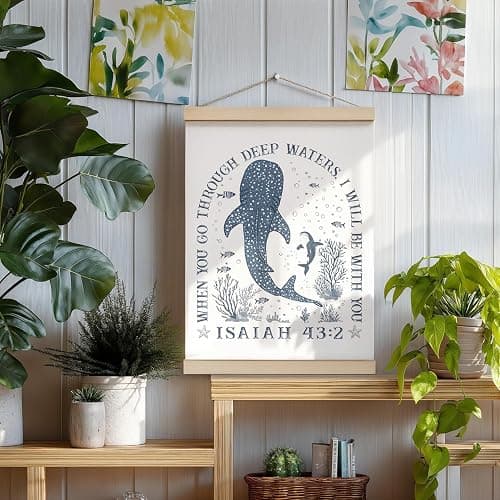 ZNGFON Trendy Whale Shark Christian Wall Decor, When You Go Through Deep Waters I Will Be With You Isaiah 43:2 Wall Art Poster with Wooden Frame, Blue Bible Verse Wall Hanging Home Decor, 12x16 Inch thumbnail 3