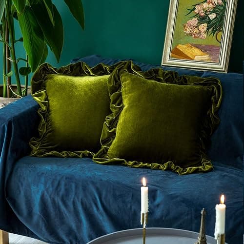 Glory Season Velvet Throw Pillow Cover Soft Decorative Luxurious Solid Square Cushion Case for Sofa Couch Bedroom Farmhouse,Pack of 2, 18 x 18 Inches, Olive Green - Image 1