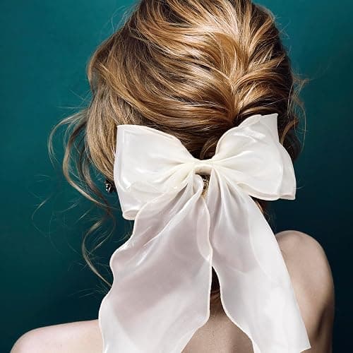 STSTR 2Pcs Large Hair Bow Clips, Blue White Silk Yarn Ribbon Bow Hair Barrette for Women, Elegant Long Tail Bowknot French Hairstyles Accessories for Wedding, Parties, Festivals thumbnail 7