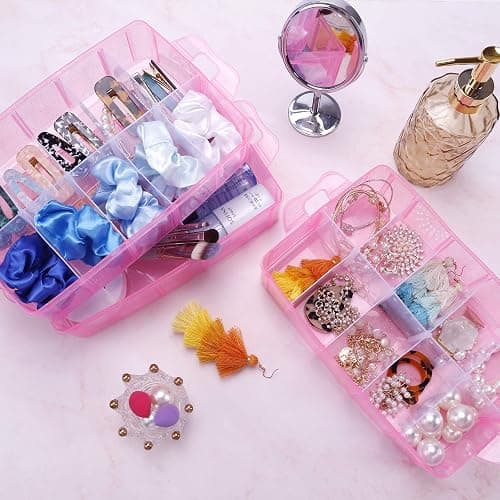 SGHUO 3-Tier Pink Craft Storage Container, Stackable Organizer Box with Dividers for Art Supplies, Beads, Washi Tapes, Seed, Hair Accessories, Nail, 9.5X6.5X7.2in thumbnail 2