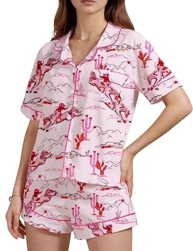 AINAC Womens 2 Piece Cowgirl Pajamas Satin Silk Western Cute Pjs Cowboy Boots Short Sleeve Button Up Shorts Pjs Loungewear - Image 1