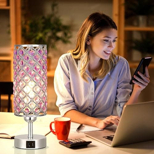 Hong-in Purple Lamp for Girls Room-Crystal Touch Lamp with USB-C+A Ports,3 Way Dimmable Bedside Light with Crystal Shade for Bedroom Home Office thumbnail 2