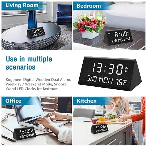 Kogonee Wooden Digital Alarm Clock, 0-100% Dimmer, 2 Alarm Settings, Weekday/Everyday Mode, 9 Mins Snooze, 12/24H, Temperature and Date Display for Office, Travel, Bedroom Alarm Clock (Black) thumbnail 9