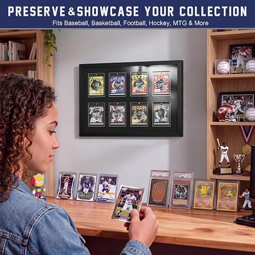 SZYUU Sports Card Display Frame with Magnetic Card Holder & Tempered Glass | Trading Card Display Case for Baseball, Basketball, Football or Hockey Cards, 8-Card Wall-Mounted Display thumbnail 2
