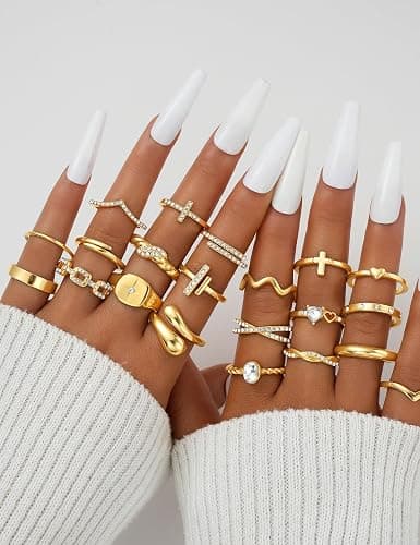 Gold Stackable Rings Set for Women, Gold Plated Chunky Crystal Finger Rings | Midi Stacking, Women's Rings, Dainty Statement Thumb Knuckle Rings Pack, Multiple Sizes Jewelry, Ideal Gift thumbnail 3