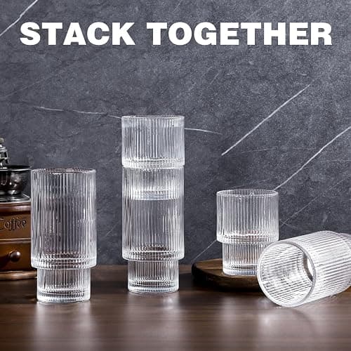 8 Pcs Ribbed Drinking Glass, 4pcs 11 oz & 4 pcs 6oz Vintage Ribbed Glassware with Cleaning Bottle Brushes, Iced Coffee Glasses, Glass Tumbler, Ribbed Highball Glasses for Ideal Gift thumbnail 6