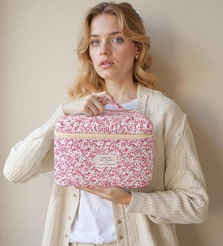 HBselect Quilted Makeup Bag, 3PCS Cotton Large Travel Makeup Bag, Cute Floral Coquette Make up Bag Cosmetic Bag Toiletry Bag for Women Girls thumbnail 7