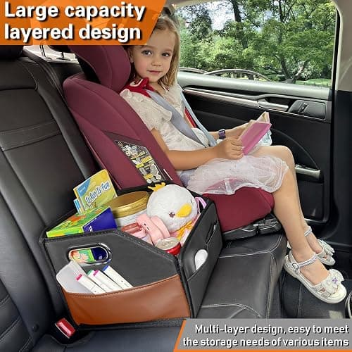 Noaman Leather Car Storage Organizer Back Front Seat Car Organizer Black | Upgraded car organizers and storage for passenger seat or floor 6 slots 3 metal handles.Backseat car organizer keeps car tidy thumbnail 7