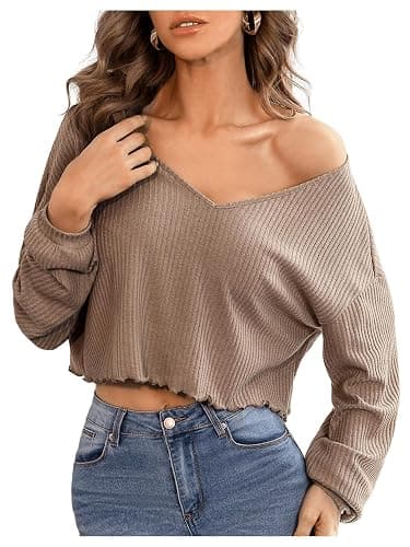 SweatyRocks Women's Long Sleeve Tee Shirt V Neck Ribbed Knit Lettuce Trim Crop Top - Image 1