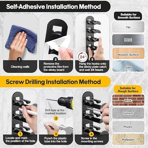 Hat Hook for Wall, 2 Pack Hat Organizer Hold up to 20 Hats,Hat Holder with Strong Adhesive and 8 Pack Screws, Cap Holder Hat Hangers for Wall Closet Door and Bedroom(B-Black) thumbnail 8