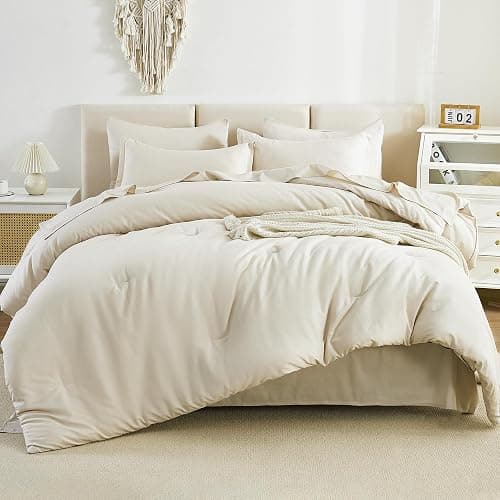 Litanika Beige Bed in a Bag Full - 7 Pieces Full Size Comforter Sets Bedding Comforter Sets, Solid Fluffy Bed Set with Comforter, Sheets, Pillowcases & Shams thumbnail 2