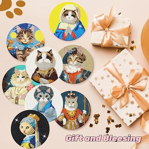 Puraikcmi 8PCs Diamond Paintings Coasters Kits Set, Funny Cat Diamond Art Coasters with Holder, DIY Crafts Diamond Art Kits Adult Craft Diamond Dots Gift thumbnail 6