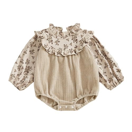 Baby Girl Bubble Romper Flower Print Long Sleeve Corduroy Bodysuit Smocked Jumpsuit Infant One Piece Fall Outfit - Image 1