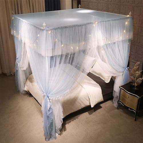VETHIN 4 Corners Post Ruffle Princess Bed Canopy Curtain-Double Layer Cozy Drape Netting 4 Opening Mosquito Net for Girls Adults Bedroom Decoration (Gray/White,59" W*82" L*82"*H/Queen) thumbnail 6