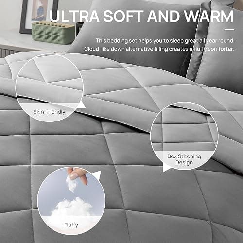 Love's cabin Queen Comforter Set Grey, 7 Pieces Queen Bed in a Bag, All Season Bedding Sets with 1 Comforter, 1 Flat Sheet, 1 Fitted Sheet, 2 Pillowcase and 2 Pillow Sham thumbnail 5