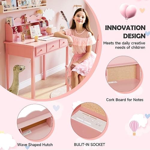 FUNKOCO Home Office Furniture Writing Desk,Computer Work Station with Detachable Hutch,5 Drawers(Pink) thumbnail 3