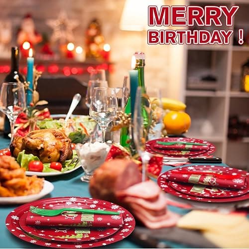 Havawish 96 Pcs Merry Birthday Tableware, Xmas Birthday Plates and Napkins | Red Christmas Decoration with Disposable Plates, Napkins, Forks, Merry Birthday Decoration, Holiday, New Year Party Supplies thumbnail 6