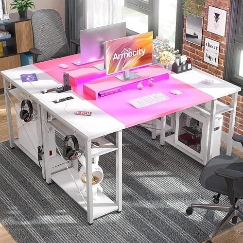 Armocity Computer Desk with LED Lights, 55 Inch Desk with Power Outlet and USB, Reversible Large Desk with Moveable Monitor Stand, 55.2'' Gaming PC Table for Home Office, Workstation, Pink and White thumbnail 2