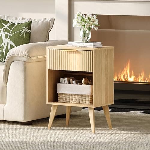 Fluted Night Stand with Opening Storage,Mid Century Bedside Table with Drawer,Wood Nightstand with Solid Wood Legs,End Table Side Table for Living Room,Bedroom,Natural CAACTG56Y thumbnail 4