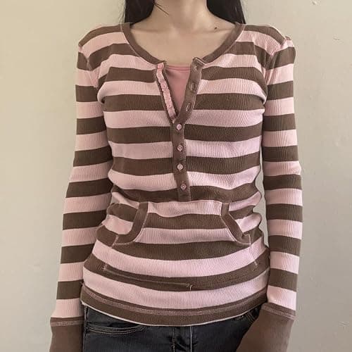 Vintage Grunge Y2k Fake Two Piece Striped Polka Dot Top Long Sleeve Shirts 2000s Fairy Core Clothes Cute Tops thumbnail 2